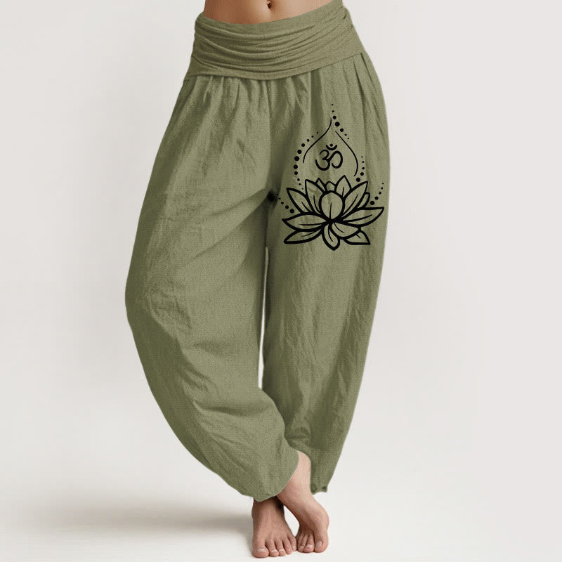 Pantalon bouffant en coton à taille élastique pour femmes Buddha Stones avec motif lotus en fleurs et symbole Om