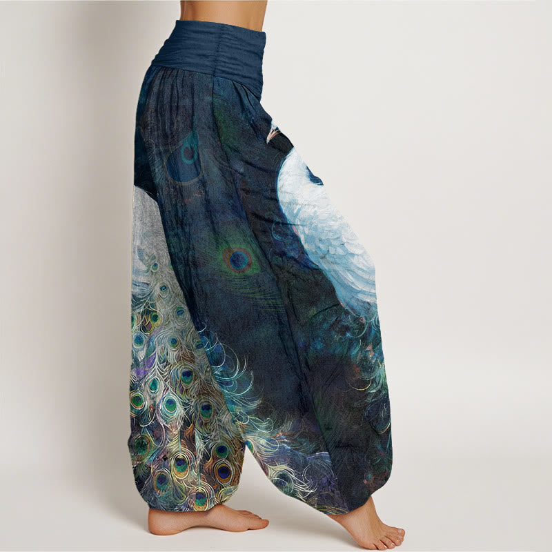 Pantalon sarouel femme taille élastique en coton pur Buddha Stones avec design magnifique de paon