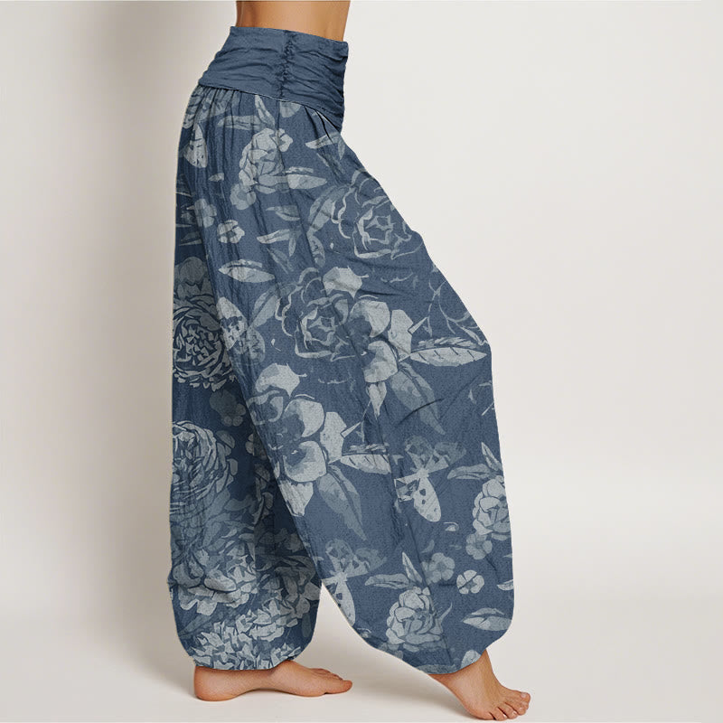 Pantalon Sarouel Décontracté en Coton Buddha Stones pour Femme, Motifs Pivoine Florale et Feuilles, Taille Élastique