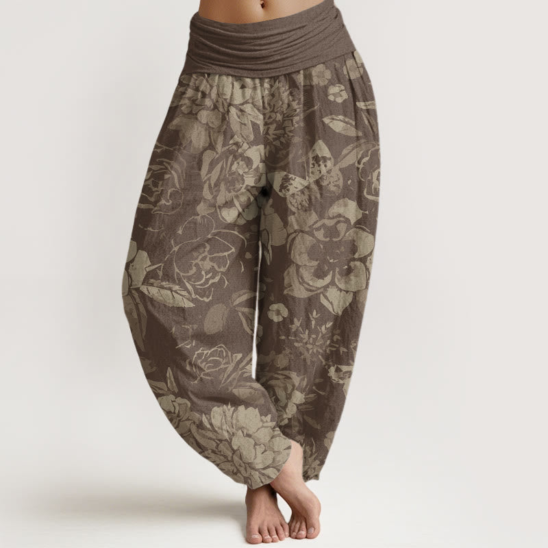 Pantalon Sarouel Décontracté en Coton Buddha Stones pour Femme, Motifs Pivoine Florale et Feuilles, Taille Élastique