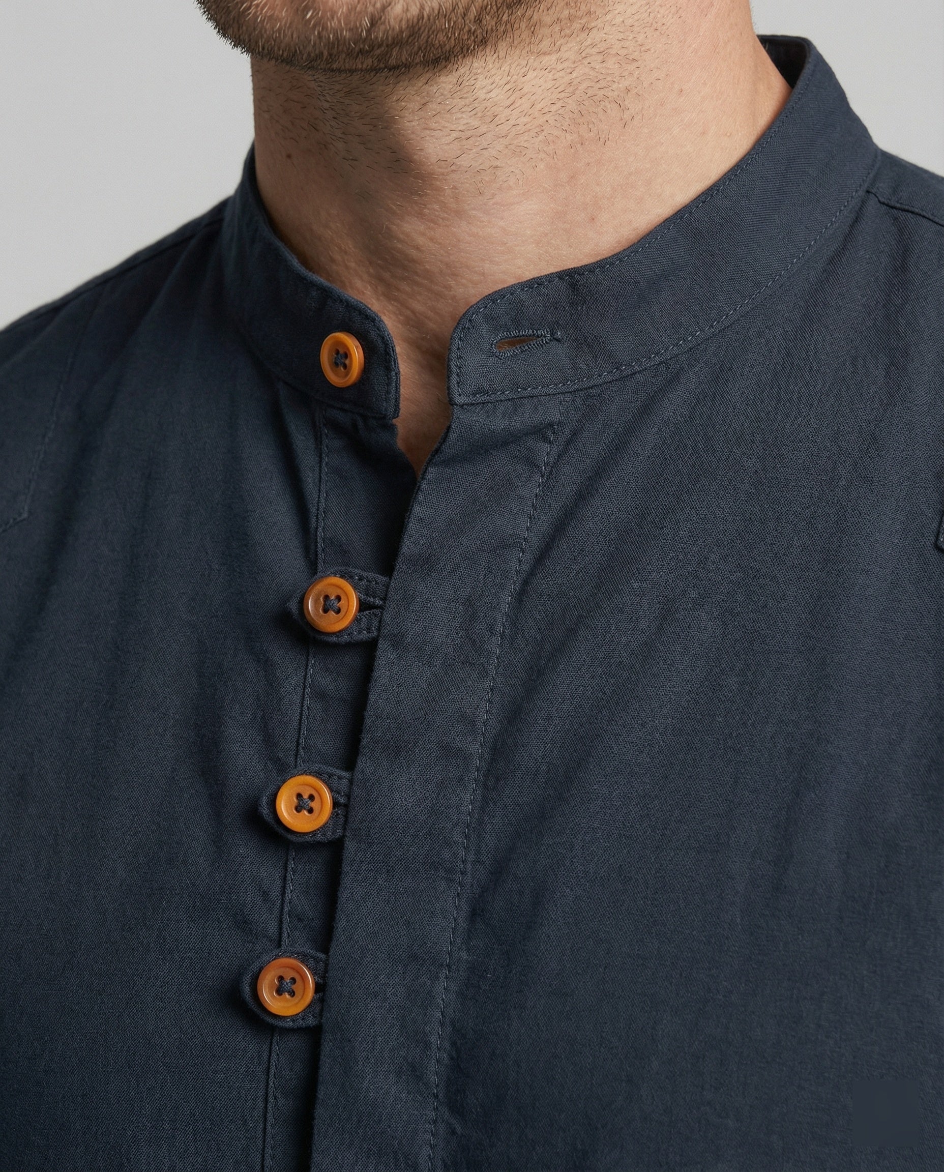The Kaede — Indigo Linen Band-Collar Shirt