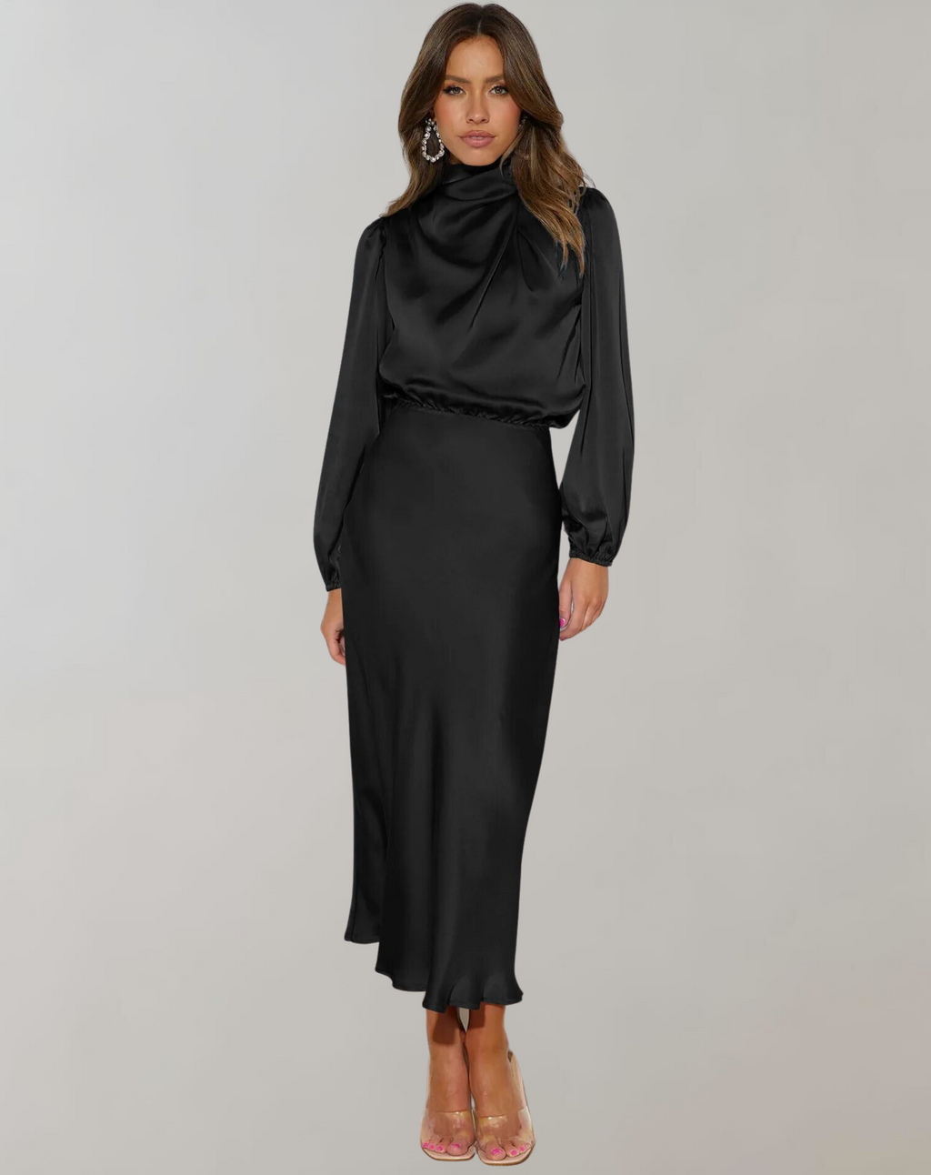 The Elara Satin — Noir Drape Dress