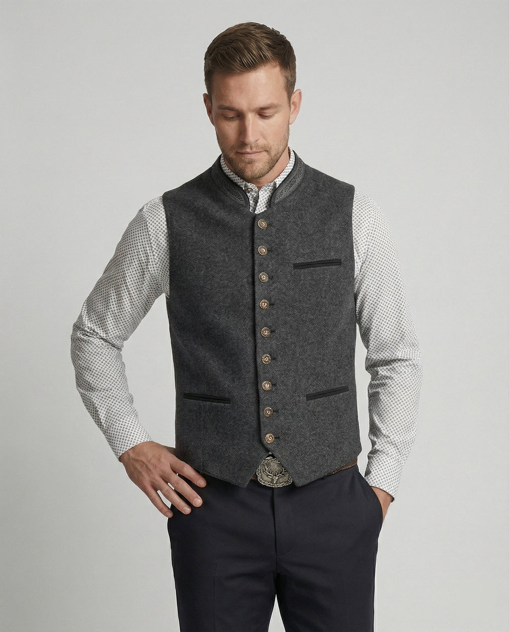The Einar — Slate Herringbone Trachten Vest