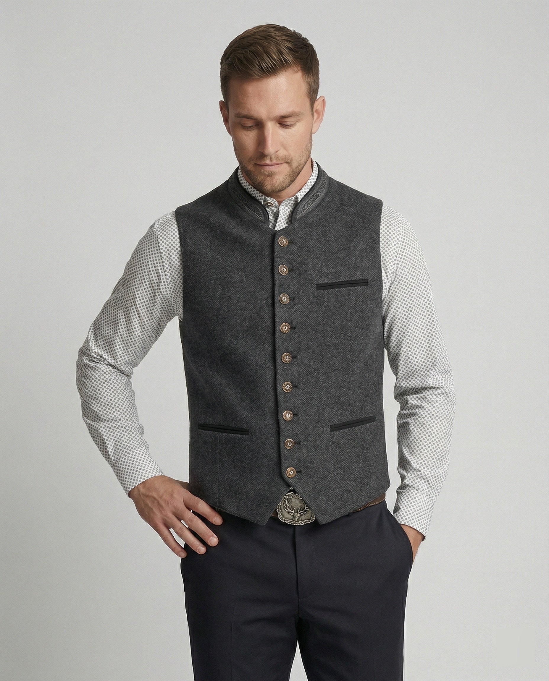 The Einar — Slate Herringbone Trachten Vest