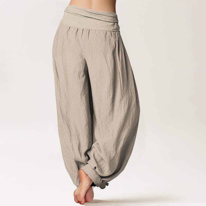 Pantalon bouffant en coton à taille élastique pour femmes Buddha Stones avec motif lotus en fleurs et symbole Om