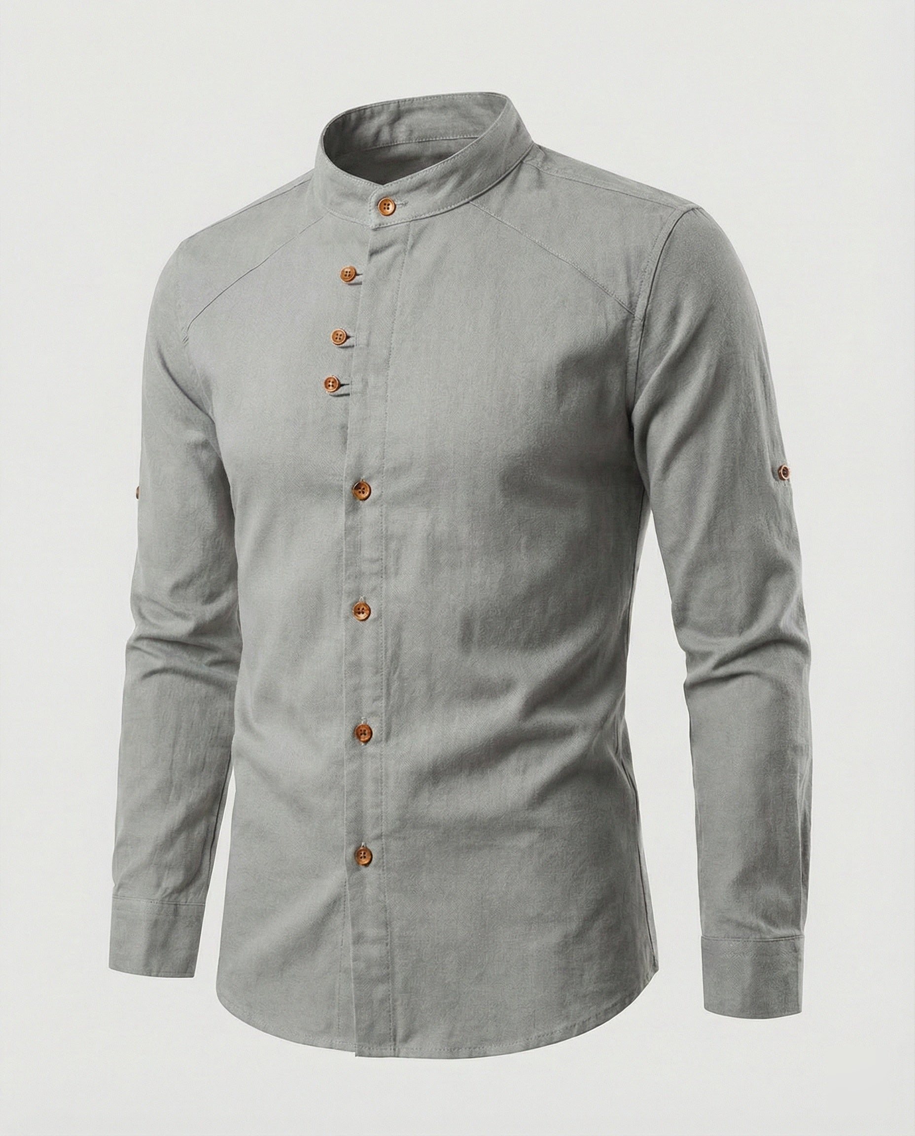 The Kaede — Indigo Linen Band-Collar Shirt