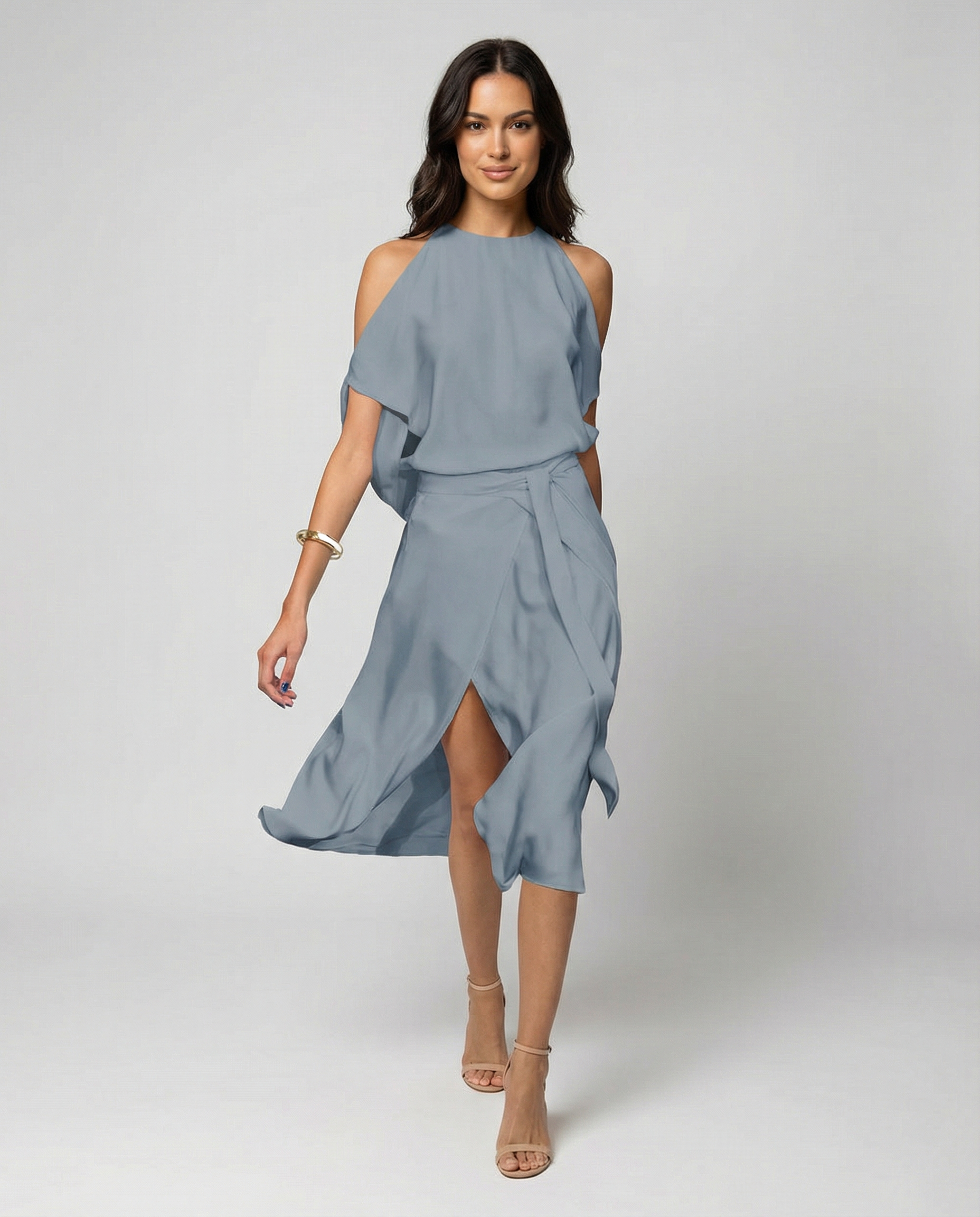 The Liora — Slate Cold-Shoulder Midi Dress