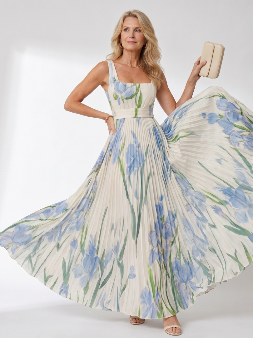 Robe midi sans manches en satin avec encolure carrée et plis élégants