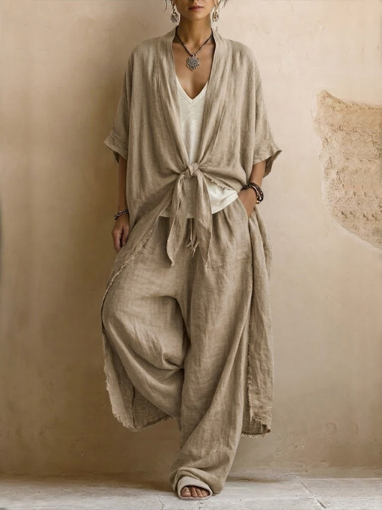 Ensemble deux pièces kimono en lin oversize et pantalon à jambes larges