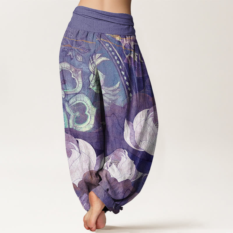 Pantalon Harem Femme Décontracté Taille Élastique en Coton Blanc Motif Feuilles de Lotus Bouddha