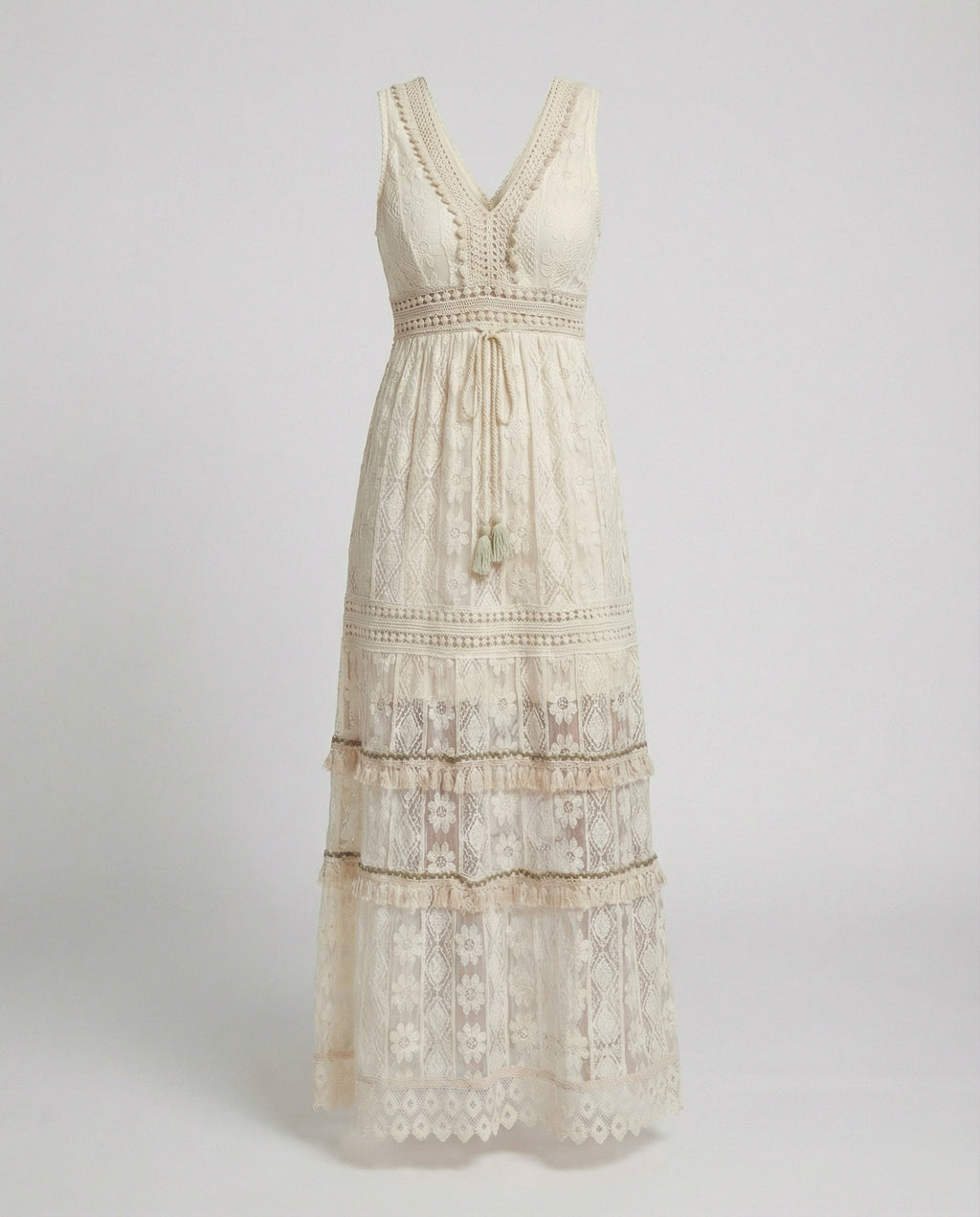 The Liora — Linen Boho Lace Maxi Dress