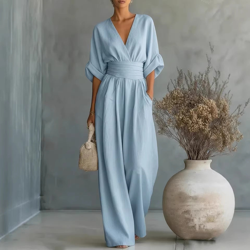Robe élégante à col en V, manches fluides avec dos nu - Maison Claire et Sylvie