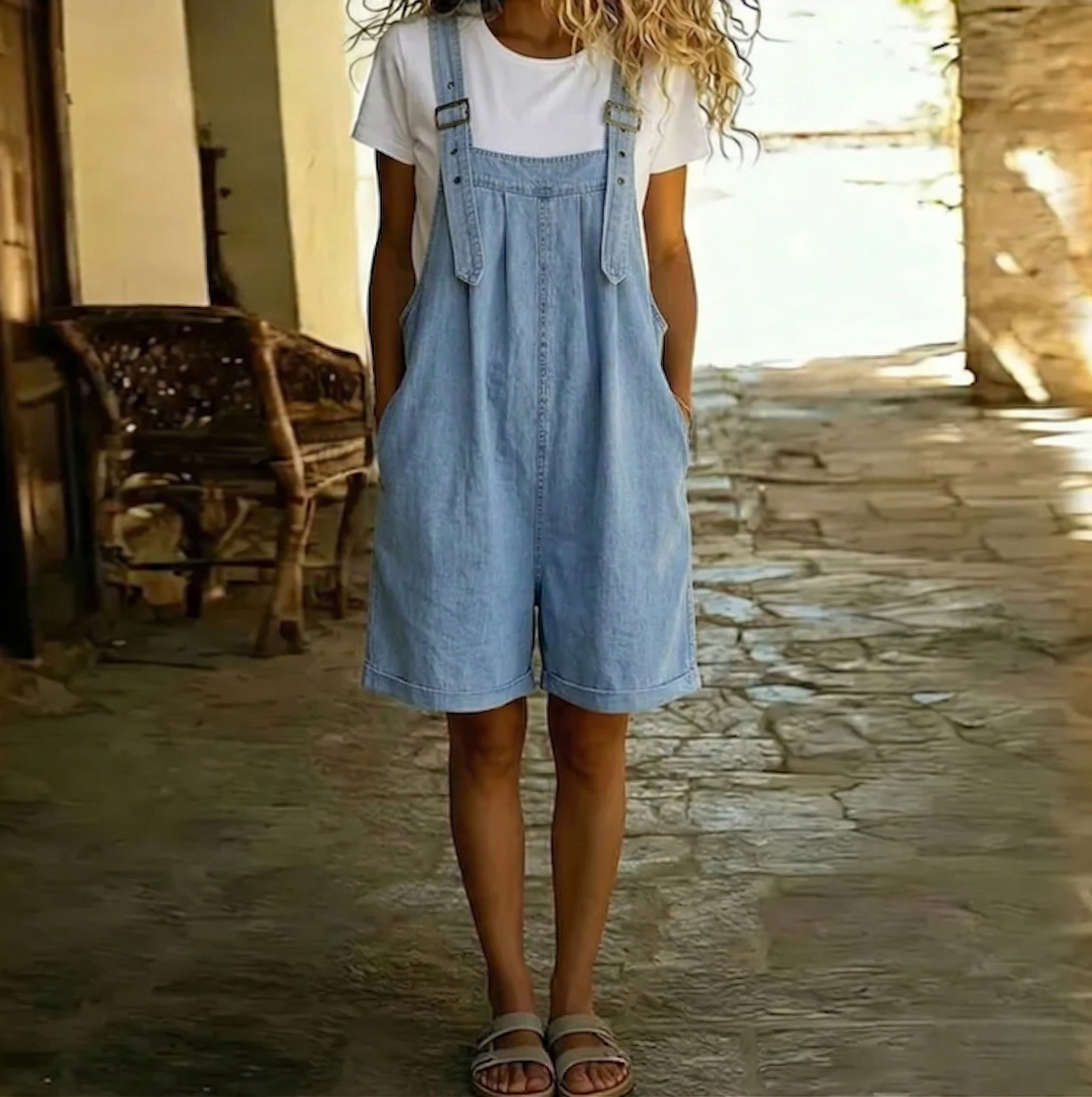 Saylor | Salopette en jean doux bleu clair à effet vintage