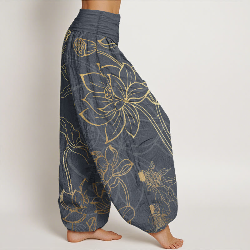 Pantalon Sarouel Femme Poissons Koi Lotus en Coton Pur Buddha Stones avec Taille Élastique