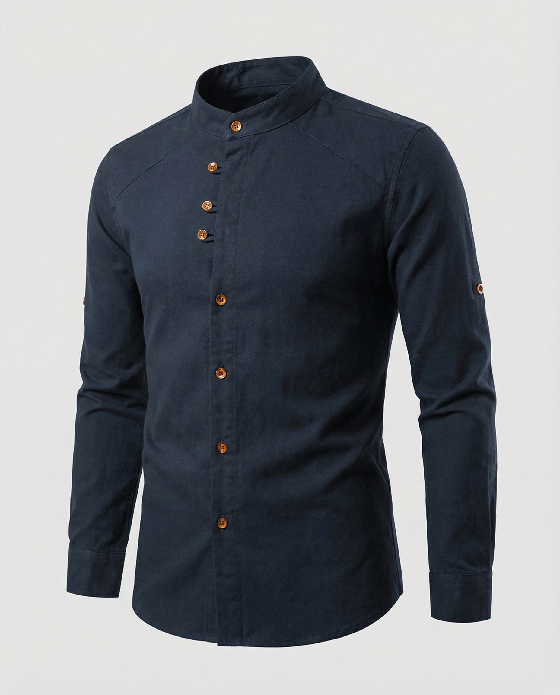 The Kaede — Indigo Linen Band-Collar Shirt
