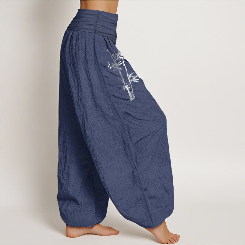 Pantalon Harem Femme en Coton Pur à Taille Élastique, Motif Soleil Rouge, Feuilles de Bambou et Pierres de Bouddha