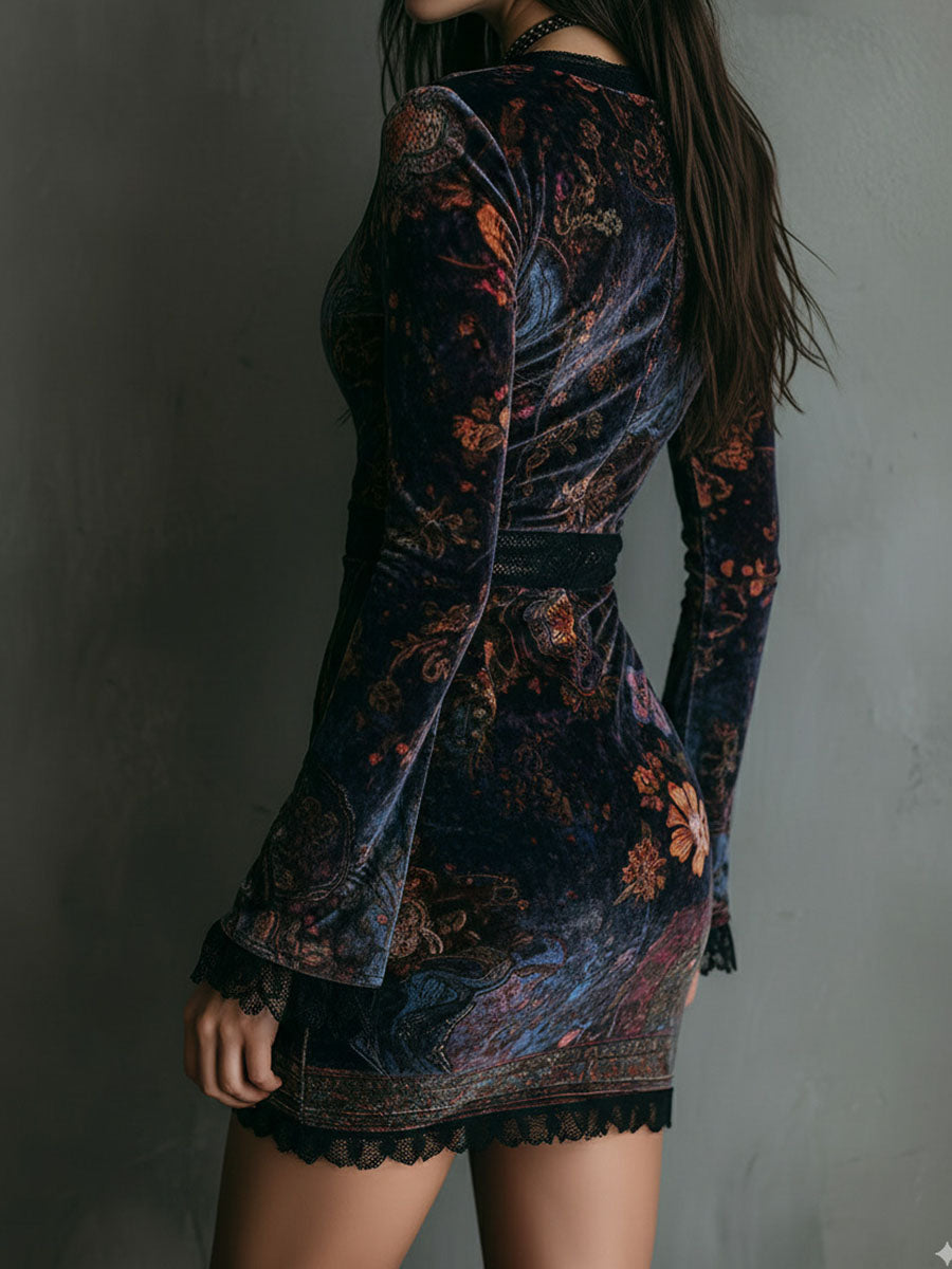 Marisol™ | Robe Mini Velours avec Motif Floral Bohème