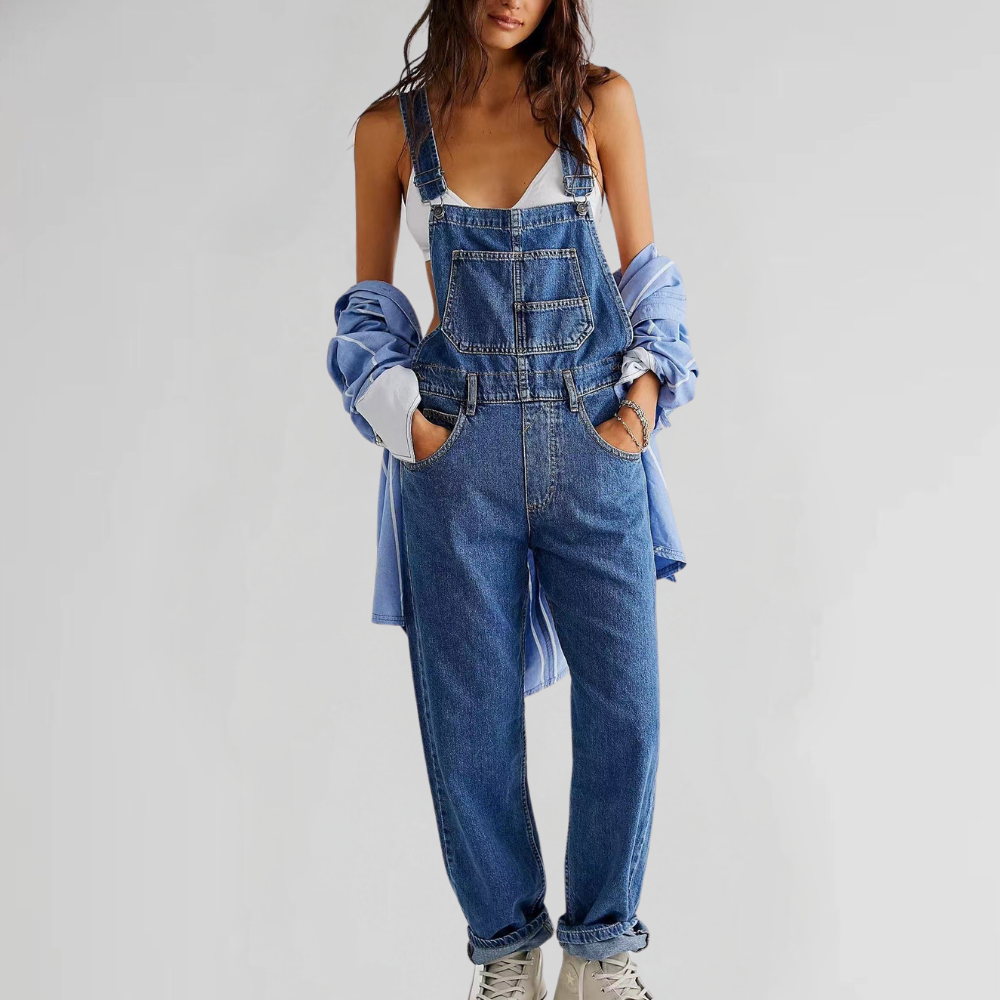 Valeria Overalls — Midnight Denim Cross-Back