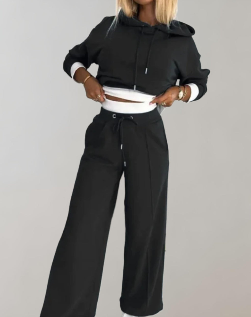 The Ivah Set — Two-Tone Cropped Hoodie & Wide-Leg Pants