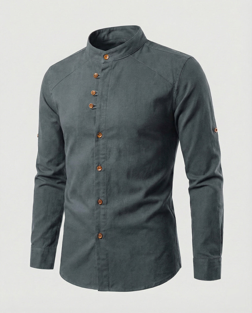The Kaede — Indigo Linen Band-Collar Shirt