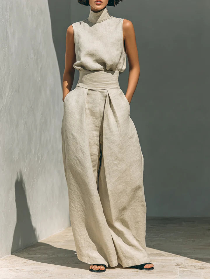 Flor™ | Ensemble femme minimaliste blouse sans manches et pantalon large en coton et lin