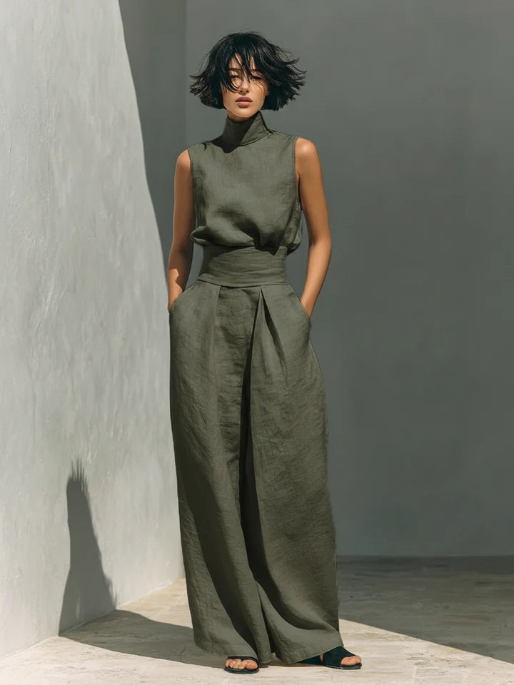 Flor™ | Ensemble femme minimaliste blouse sans manches et pantalon large en coton et lin