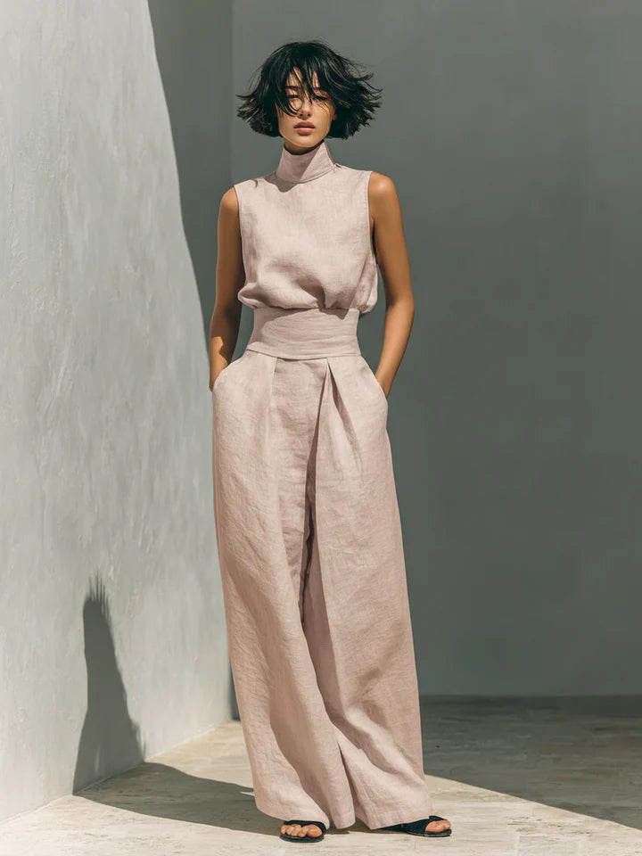 Flor™ | Ensemble femme minimaliste blouse sans manches et pantalon large en coton et lin