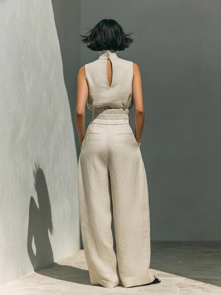 Flor™ | Ensemble femme minimaliste blouse sans manches et pantalon large en coton et lin