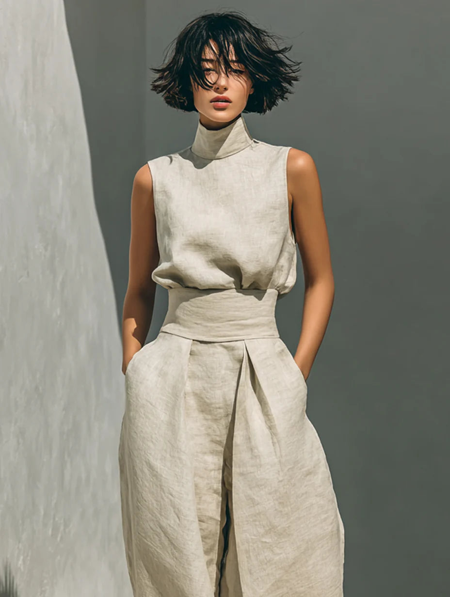 Flor™ | Ensemble femme minimaliste blouse sans manches et pantalon large en coton et lin