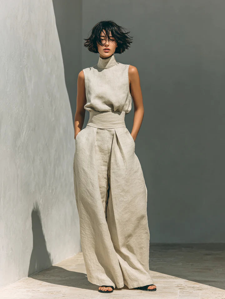 Flor™ | Ensemble femme minimaliste blouse sans manches et pantalon large en coton et lin