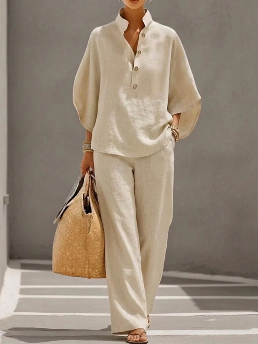 Maribel™ | Ensemble en lin avec manches chauve-souris et pantalons jambes larges