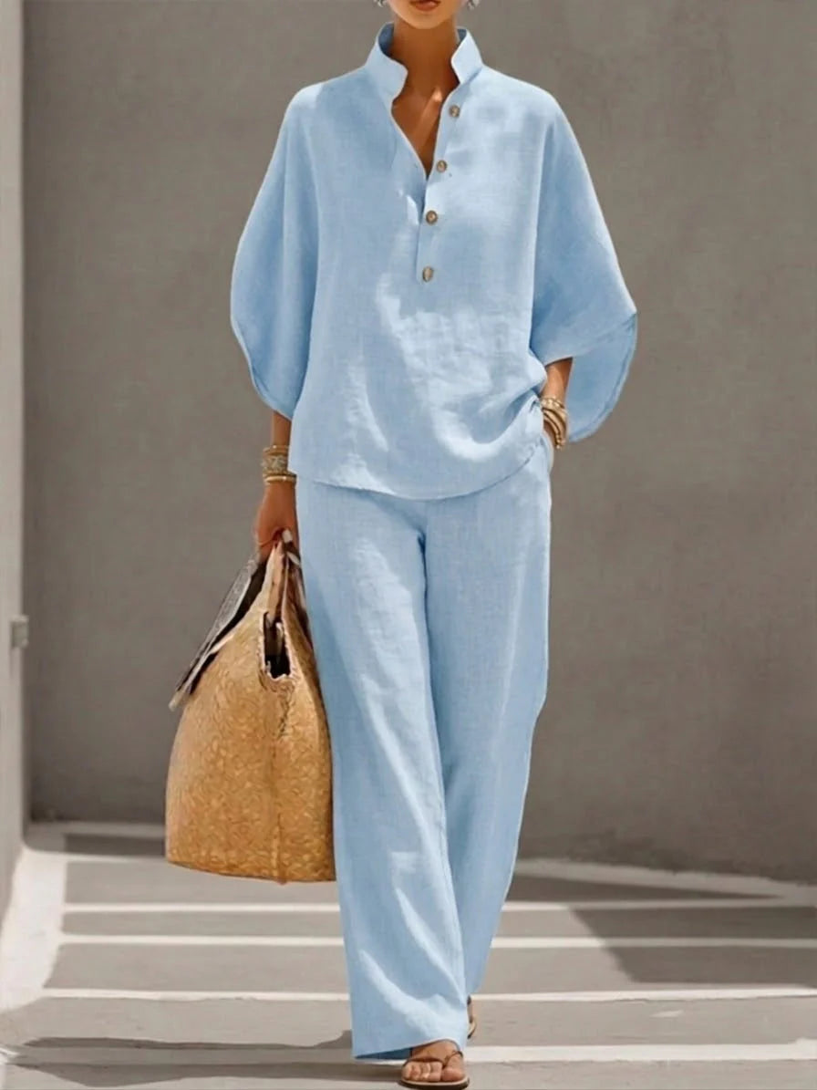 Maribel™ | Ensemble en lin avec manches chauve-souris et pantalons jambes larges