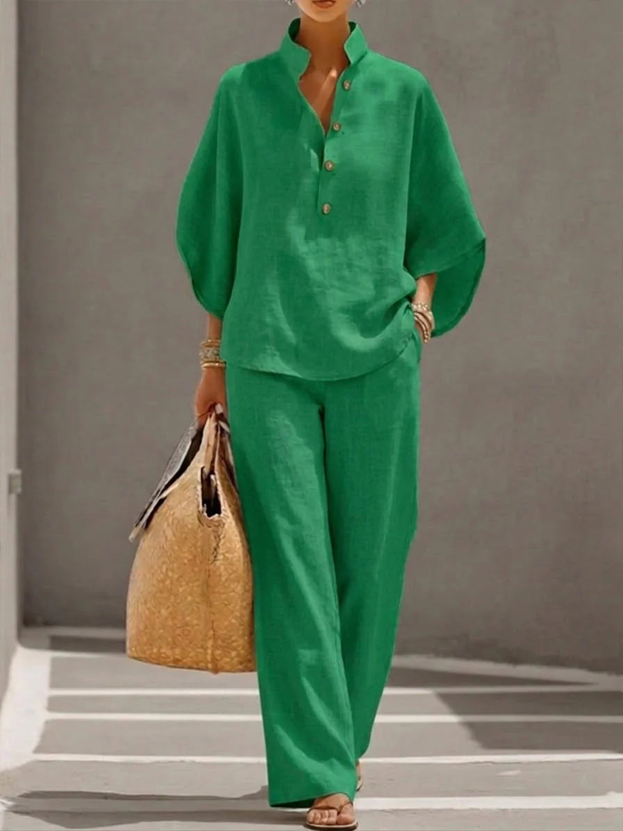 Maribel™ | Ensemble en lin avec manches chauve-souris et pantalons jambes larges