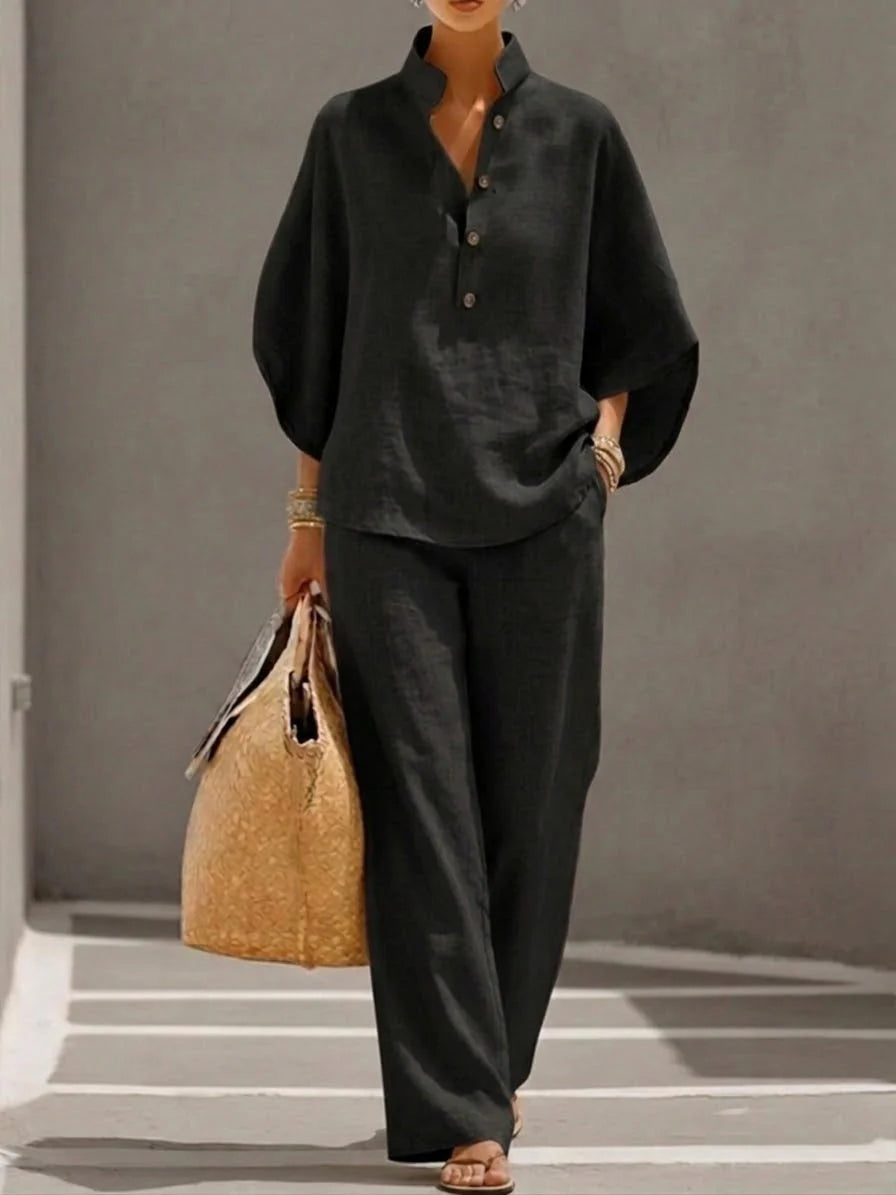Maribel™ | Ensemble en lin avec manches chauve-souris et pantalons jambes larges