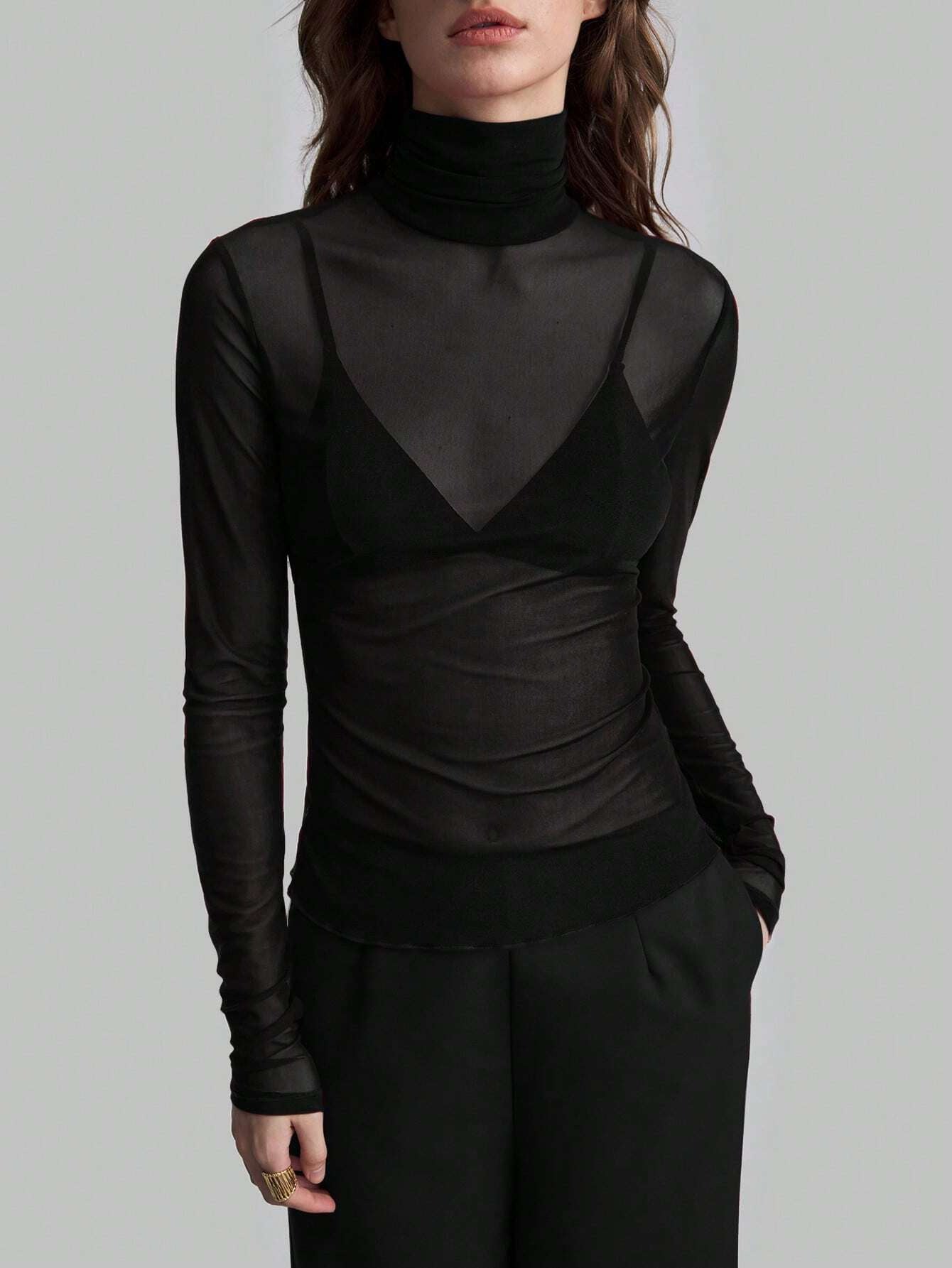 The Elara Mesh — Noir Transparent Turtleneck