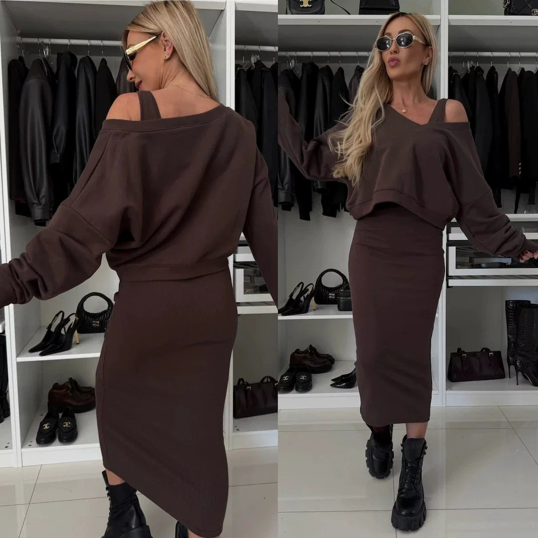 The Liora Set — Dune Cold-Shoulder Knit