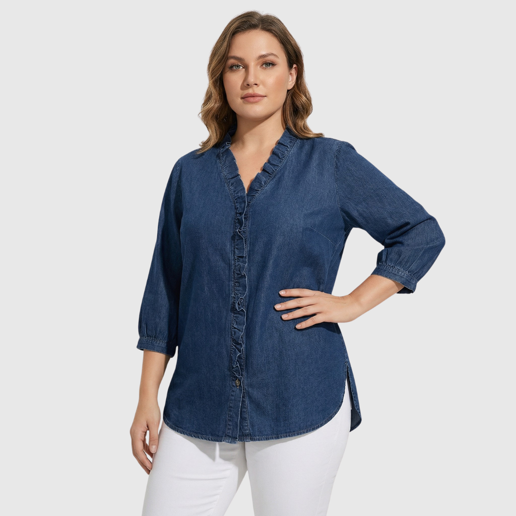 Linnea — Midnight Denim Ruffle Blouse