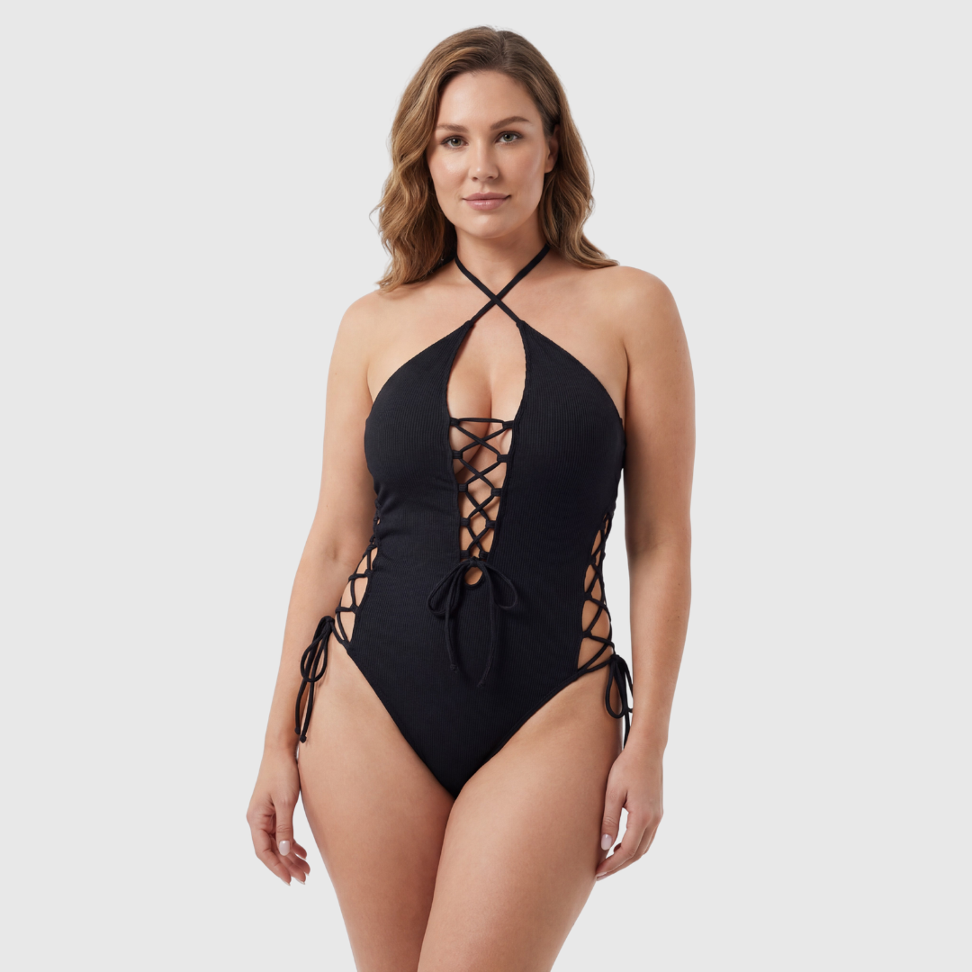 Liora Lace-Up One-Piece — Midnight Ribbed