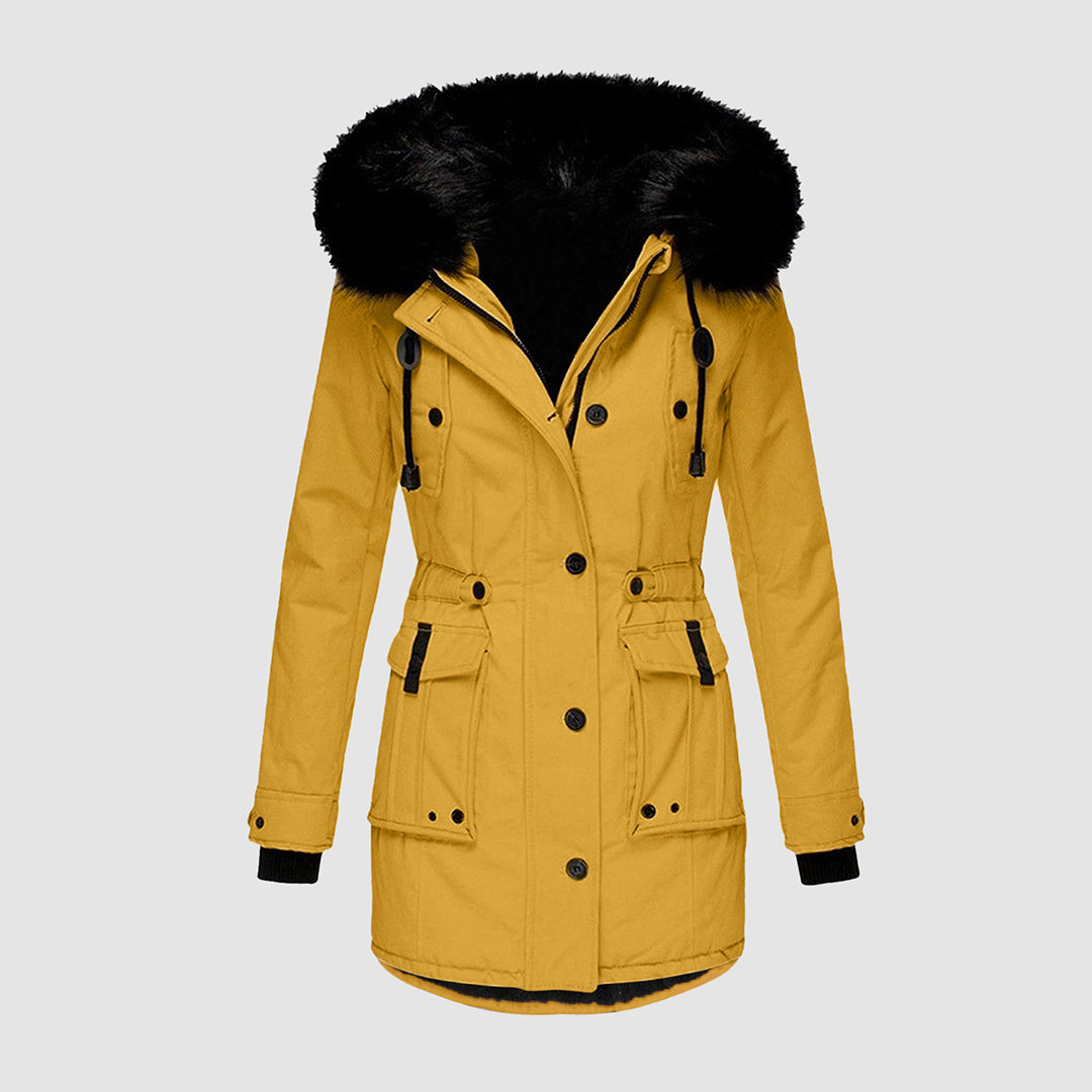 The Sanna Parka — Goldenrod with Noir Fur Trim