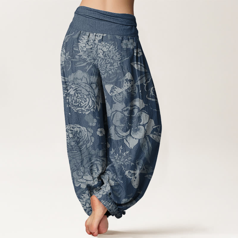 Pantalon Sarouel Décontracté en Coton Buddha Stones pour Femme, Motifs Pivoine Florale et Feuilles, Taille Élastique