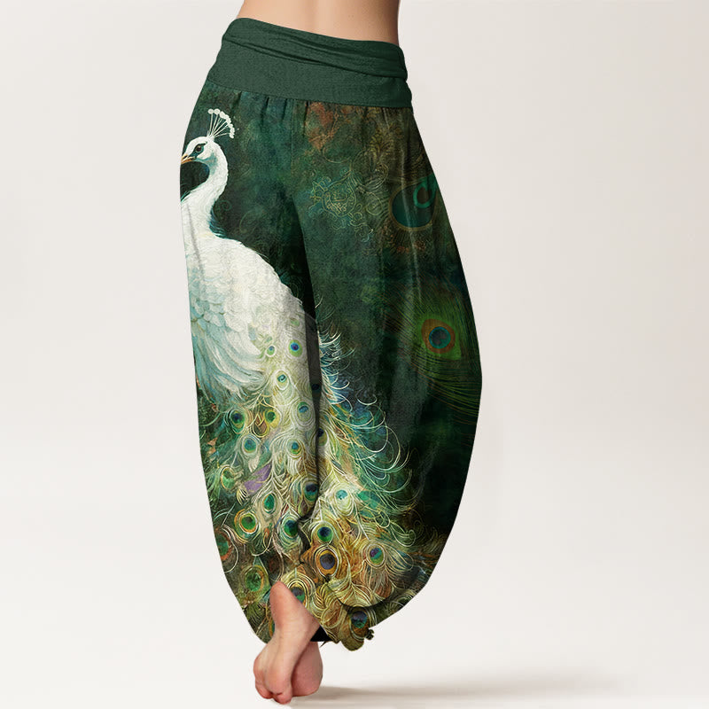 Pantalon sarouel femme taille élastique en coton pur Buddha Stones avec design magnifique de paon