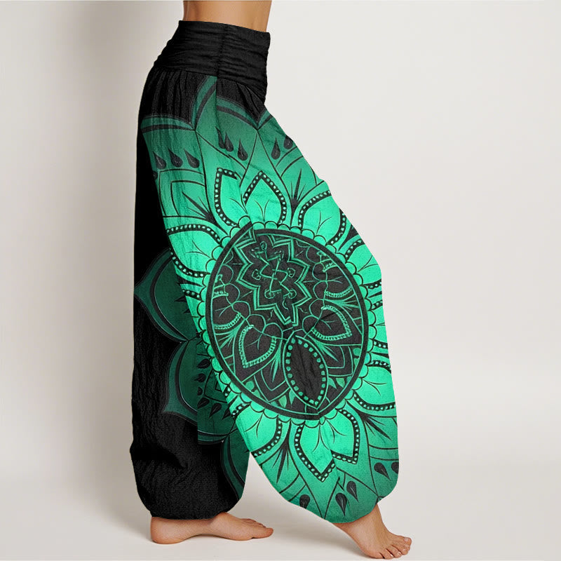 Pantalon Harem Femme Taille Élastique en Coton avec Motif Mandala Symétrique Pierre de Bouddha