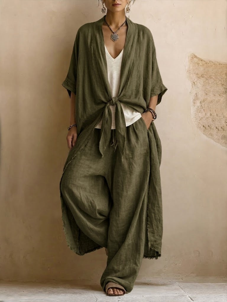 Ensemble Deux Pièces Kimono Oversize en Lin et Pantalon à Jambe Large