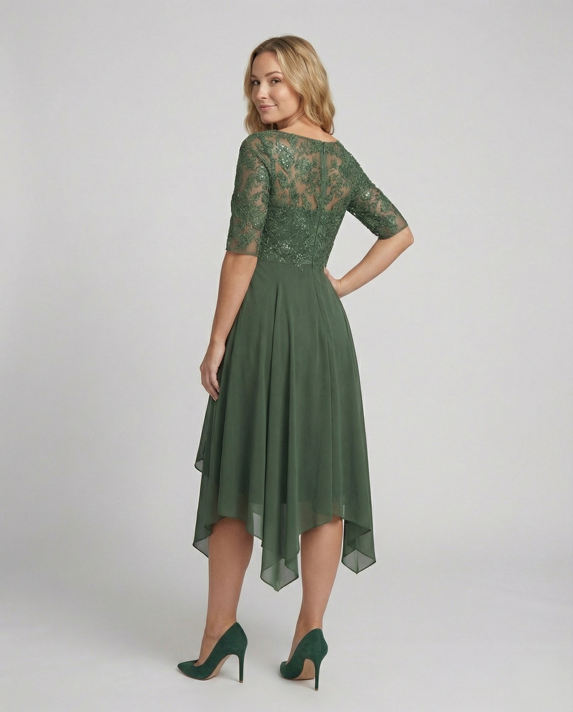 The Liora — Emerald Lace Midi Dress