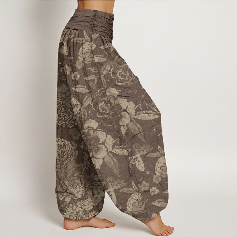Pantalon Sarouel Décontracté en Coton Buddha Stones pour Femme, Motifs Pivoine Florale et Feuilles, Taille Élastique