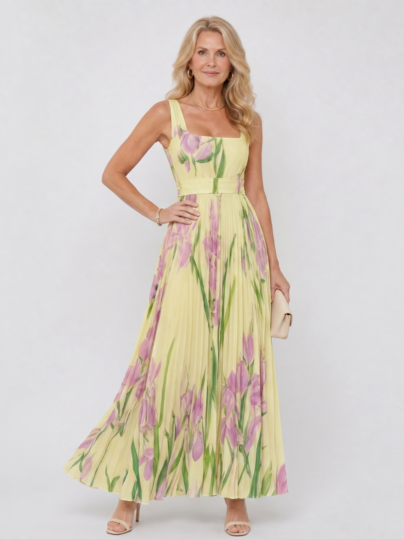 Robe midi sans manches en satin avec encolure carrée et plis élégants