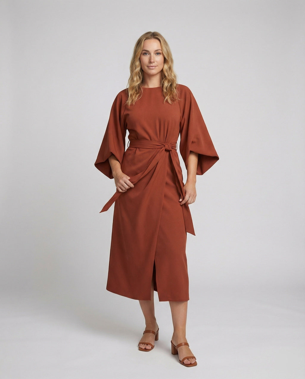 The Esmé — Lantern Sleeve Midi Dress in Rust Brown