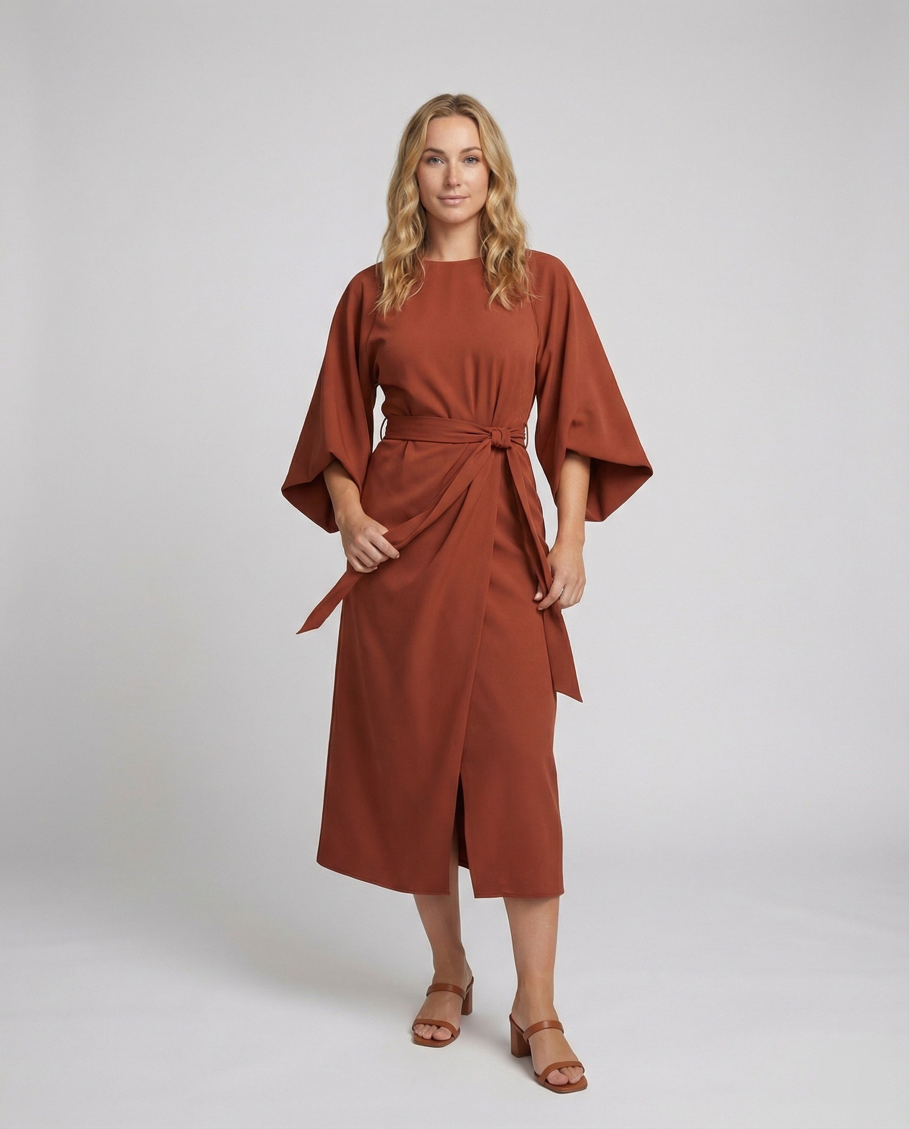 The Esmé — Lantern Sleeve Midi Dress in Rust Brown