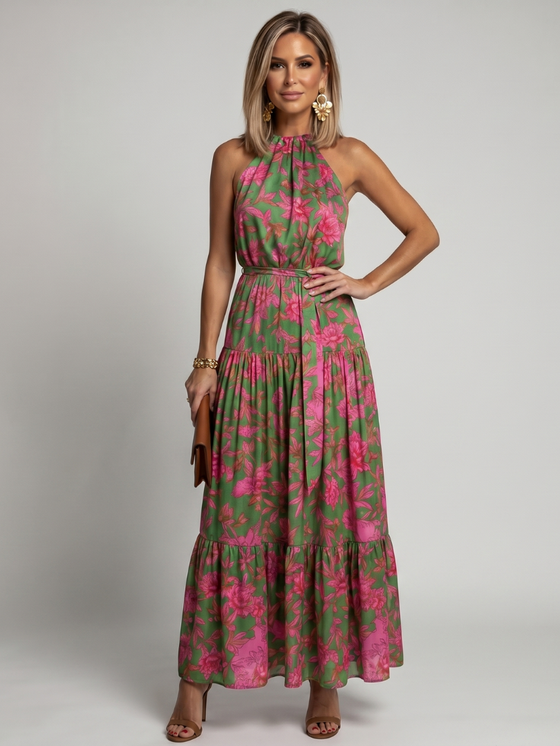 Robe midi rose avec design drapé et encolure halter élégante