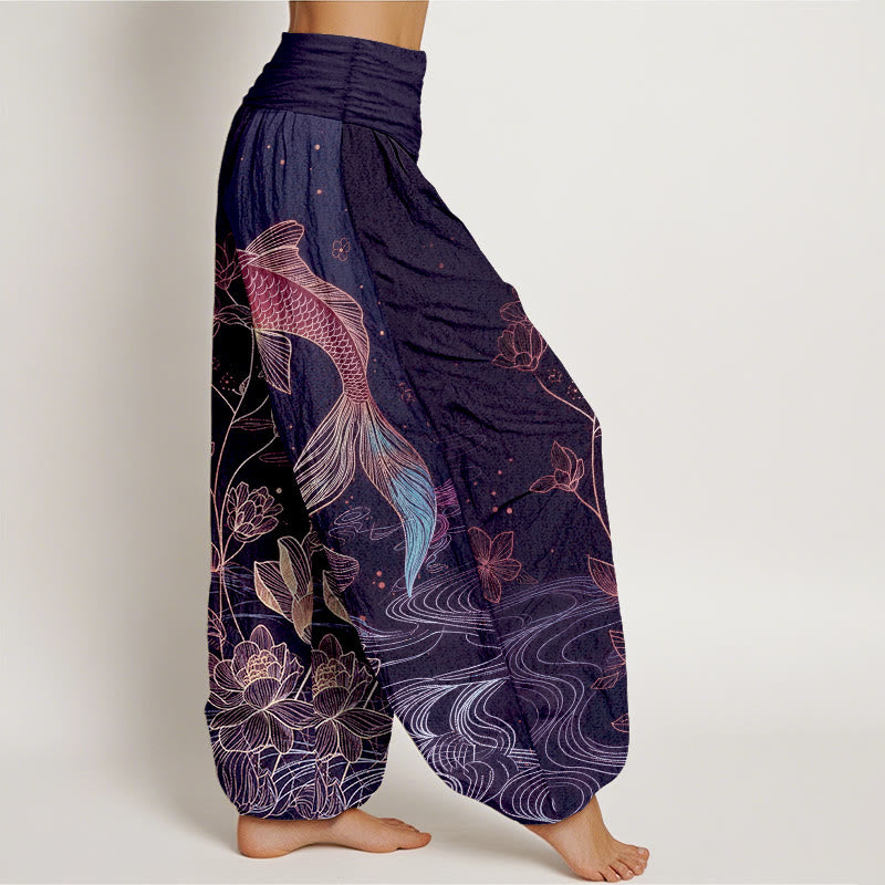 Pantalon Sarouel Femme Taille Élastique Coton Pur Design Poisson Koi Lotus Pierres Bouddha